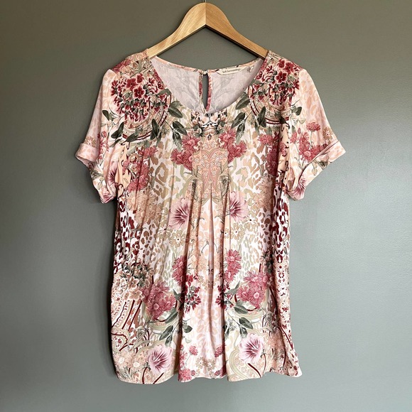 Soft Surroundings Cusabo Top Leopard and Floral Print Size Medium Cream Pink - Picture 3 of 16